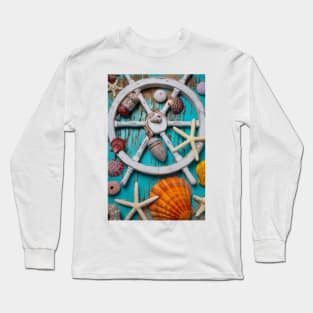 White Ships Wheel And Seashells Long Sleeve T-Shirt